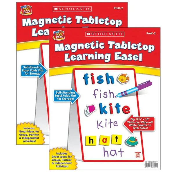 Two Little Red Tool Box Magnetic Tabletop Easels side by side. Each easel features a sturdy, double-sided design with a white dry-erase surface on one side and a magnetic surface on the other. Compact and portable, these easels are perfect for crafting, teaching, or creative play